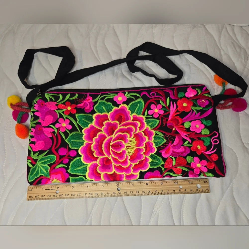 Hand Embroidered Purse In Bright Colors W Tassels,Straps, Zip Close, Lined, NWOT